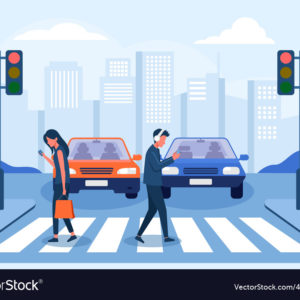 clip art of pedestrians crossing the road, one woman and one man both on their phone walking towards opposite sides of the street while two cars wait at a red light.